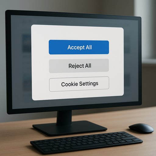 Cookie consent banner shown on a desktop screen with clear choices. The image illustrates user control over privacy preferences and consent settings in a calm, businesslike environment.
