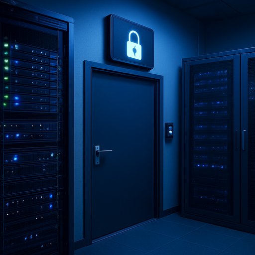A secure data center with server racks, controlled access, and monitoring indicators. The image conveys robust data protection practices, physical security, and encryption in use. The scene uses cool blue lighting to emphasize trust and reliability.