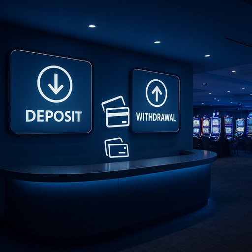A secure casino lobby showing deposits and withdrawals in progress, with a calm blue mood and digital payment icons, inviting players in Pakistan to manage funds safely. This image conveys reliability, security, and ease of wallet-based transactions for Karachi and Lahore users.