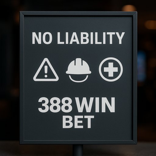 No liability illustration depicting a formal disclaimer board with safety icons and the 388 Win Bet branding; the image uses a serious mood to convey responsibility and no liability in a gaming context